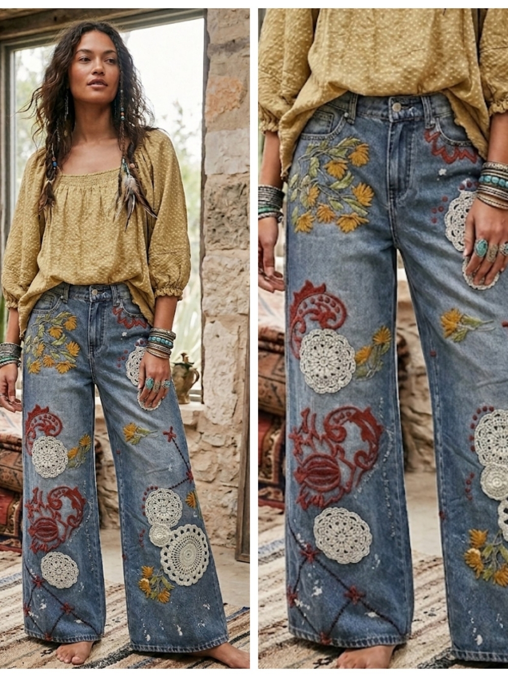 Embroidered Wide-Leg Women’s Jeans - Blue with Mustard & Cream Accents